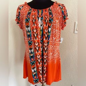 Madison, Orange Print, Short Sleeve Top, Size Large.